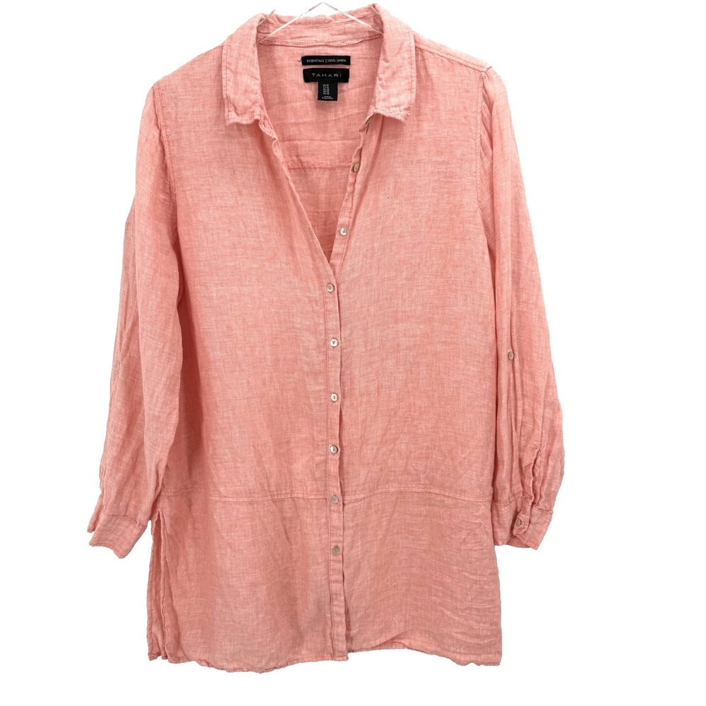Tahari 100% Linen Essentials Tunic Size 1X Button Up Shirt Red Roll Tab Sleeve